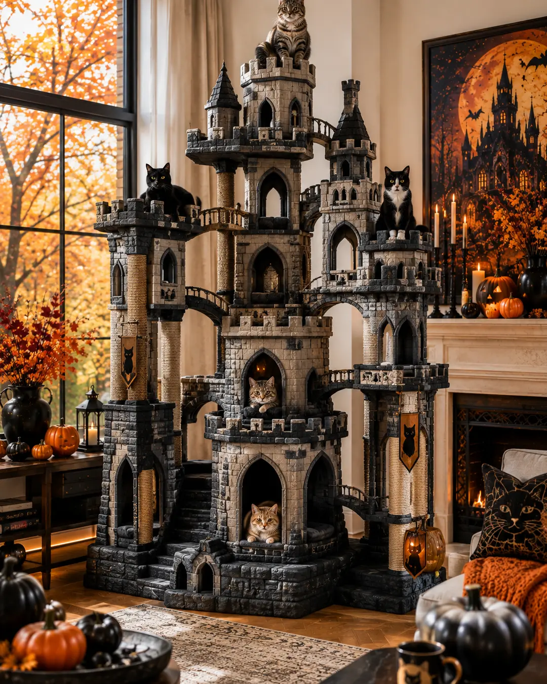 A dramatic castle-inspired cat tree features stone towers, bridges, scratching posts and cozy hideaways for cats in a stylish Halloween home.