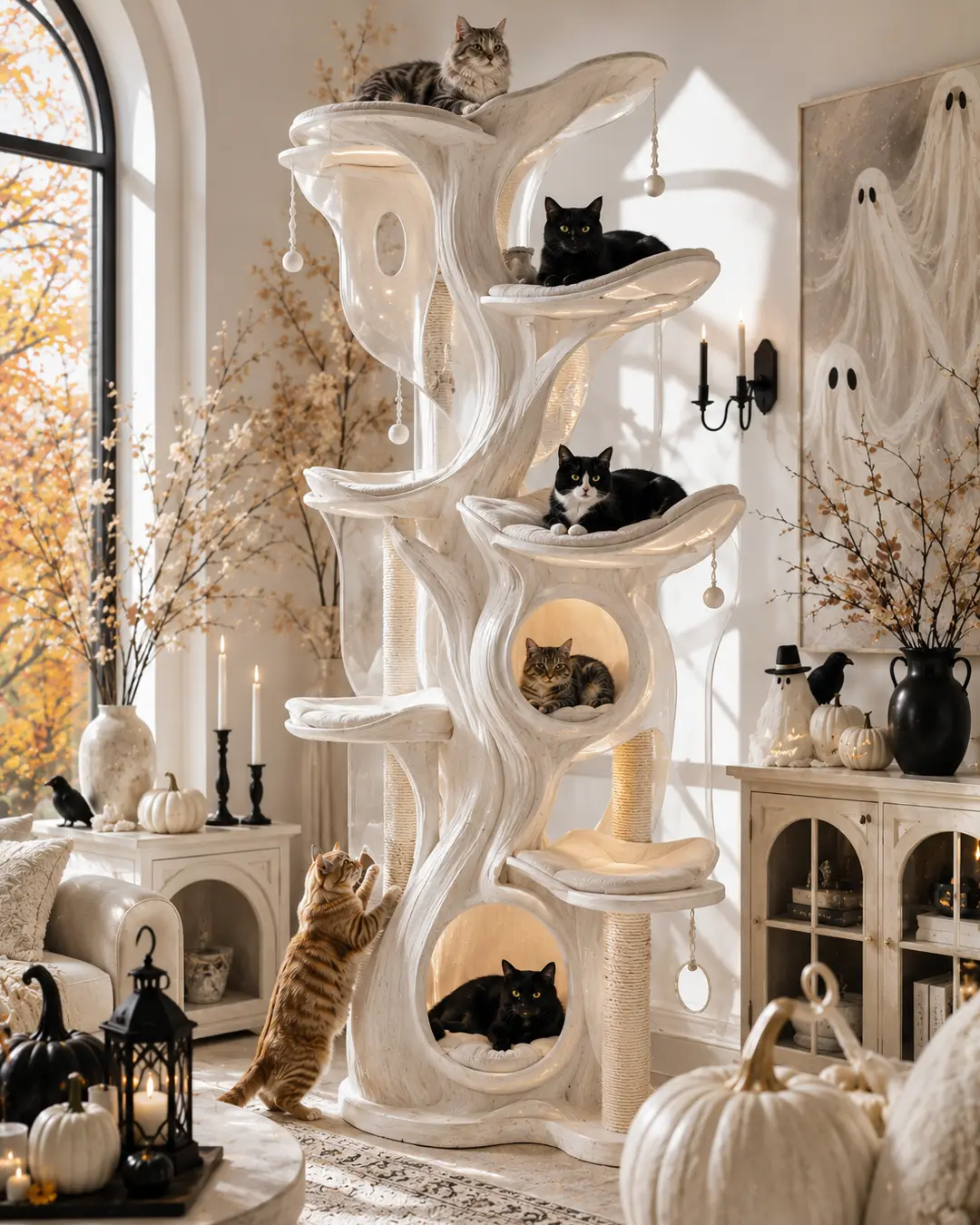 A sculptural white cat tree with flowing platforms, glowing hideaways and scratching posts creates an elegant, ghostly take on Halloween décor.