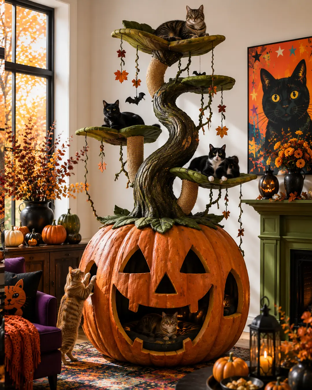 A giant jack-o’-lantern cat tree grows into twisting leafy platforms, creating a playful Halloween climbing retreat filled with lounging cats.