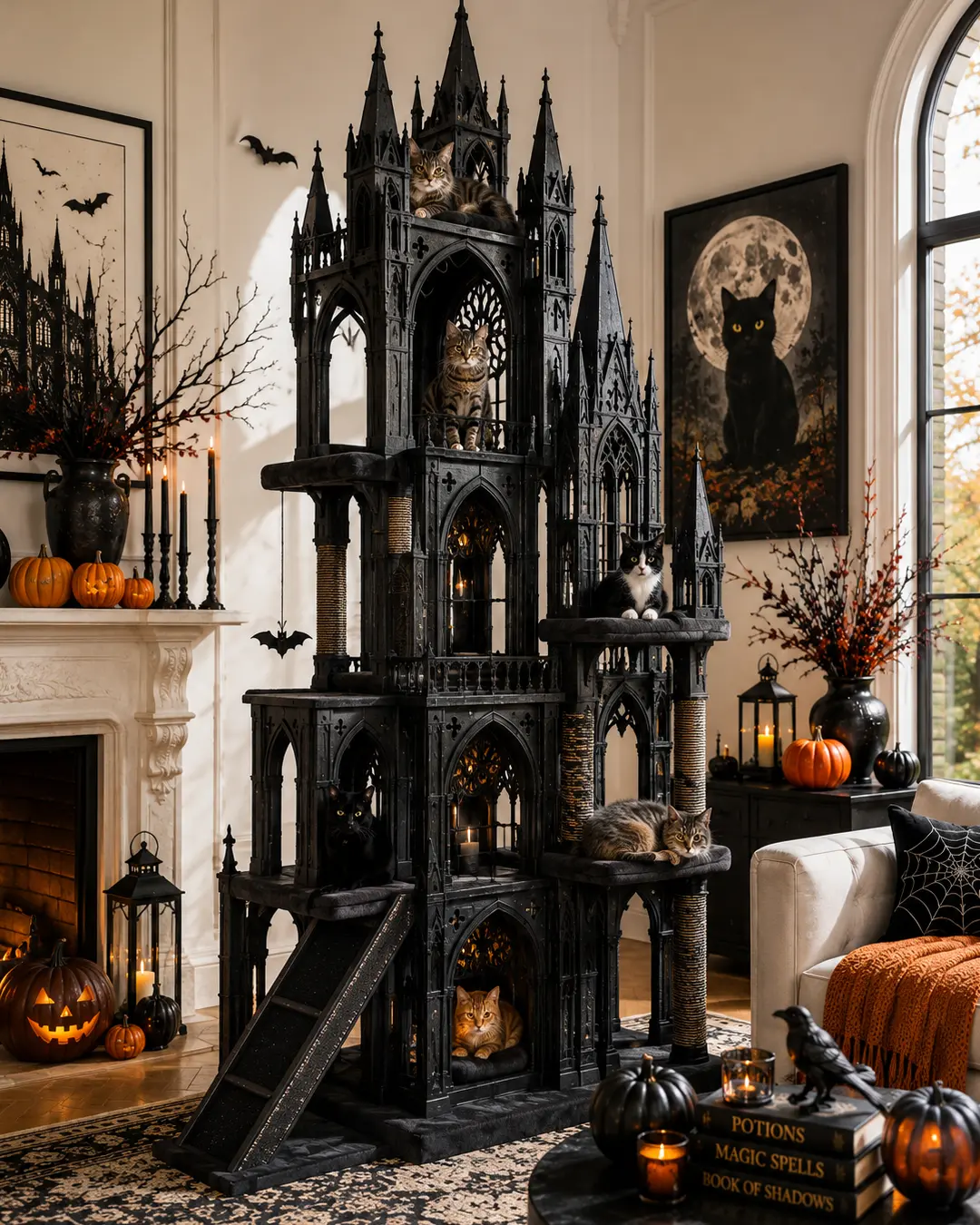 An elaborate Gothic cathedral cat tree filled with lounging cats brings dramatic Halloween style to a bright, elegant living room.