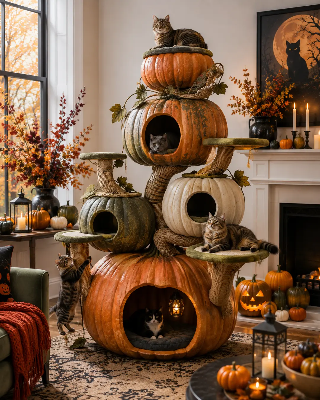 A whimsical pumpkin cat tree combines cozy hideaways, scratching posts and climbing platforms in a bright living room decorated for Halloween.