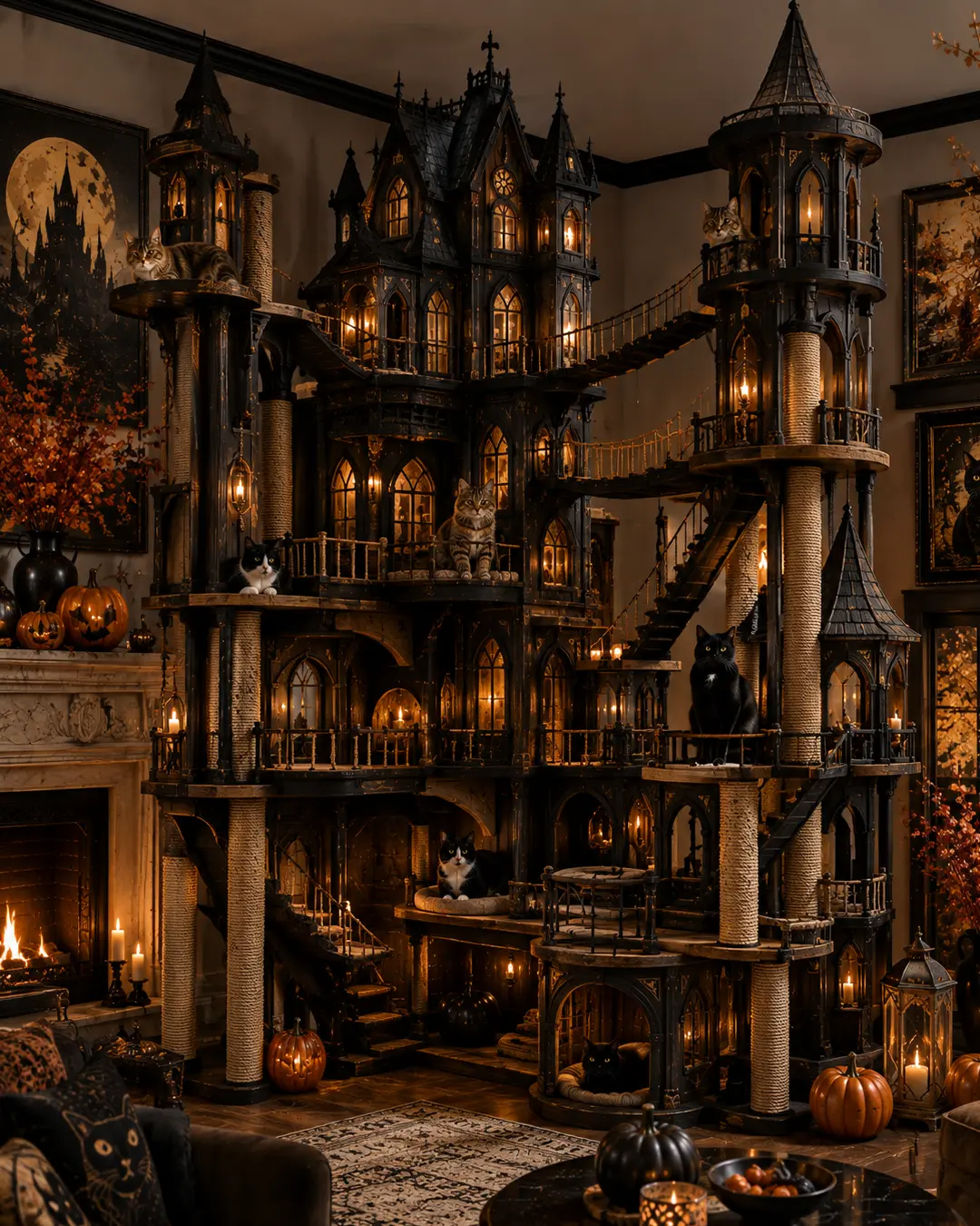 A massive Gothic mansion cat tree features glowing towers, bridges, stairs and scratching posts, creating the ultimate haunted playground for cats.