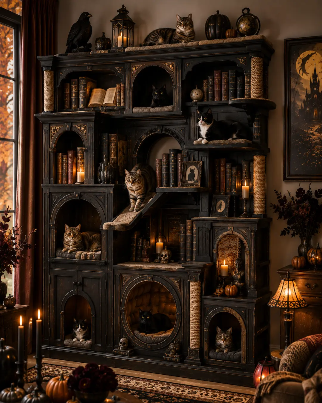 A Gothic bookcase cat tree blends cozy cubbies, scratching posts, ramps and shelves into a dramatic library-inspired Halloween retreat.