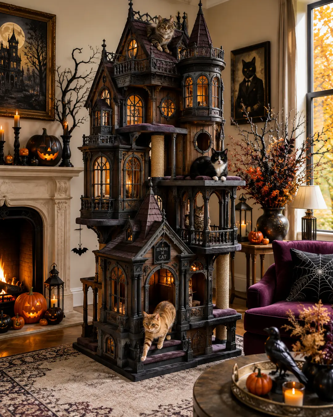 A towering haunted-house cat tree with Gothic architecture, glowing windows and cozy perches creates a spectacular Halloween centerpiece.