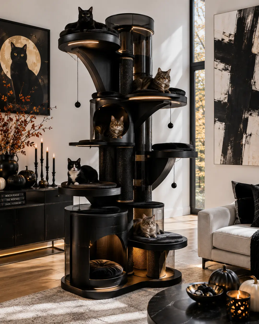 A sleek black cat tree with curved platforms, cozy pods and subtle lighting brings sophisticated Halloween style to a bright modern living room.