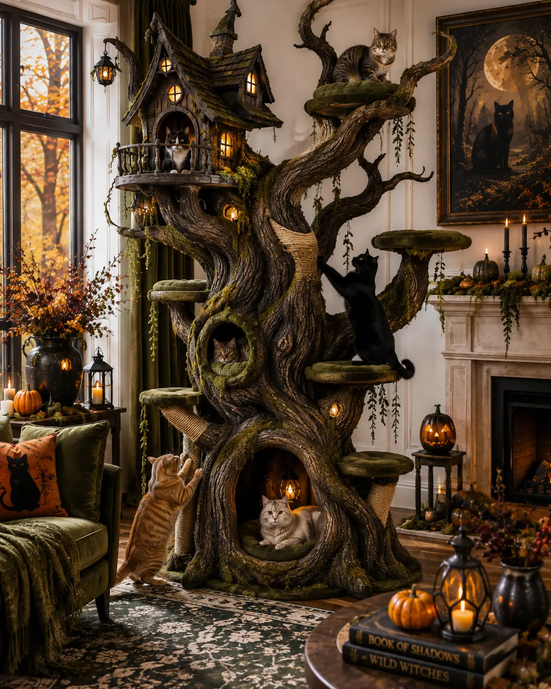 A twisted enchanted-tree cat tower features cozy hideaways, climbing platforms and a whimsical haunted treehouse for a magical Halloween retreat.