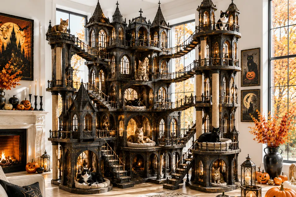 An enormous Gothic cat castle with towers, bridges, stairs and cozy perches creates an extravagant Halloween playground in a bright living room.
