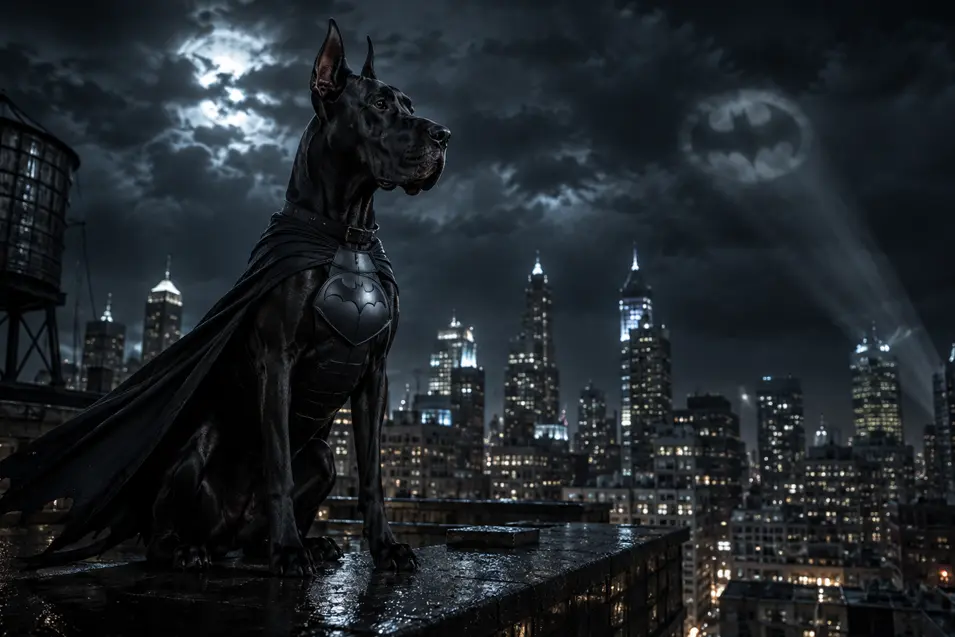 Black Great Dane dressed as a caped superhero watches over a glowing city skyline from a rain-soaked rooftop beneath stormy skies.