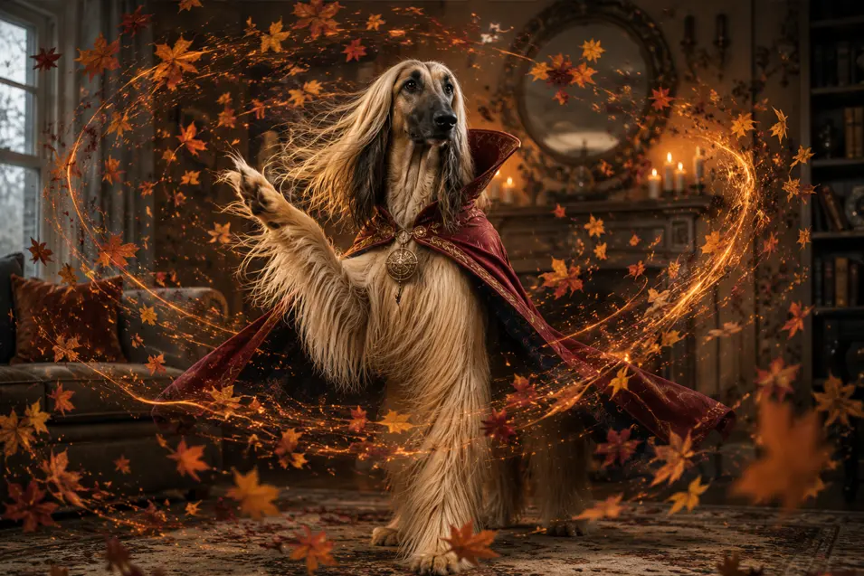 Afghan Hound dressed as a mystical sorcerer stands amid swirling autumn leaves and glowing magical energy in an elegant living room.