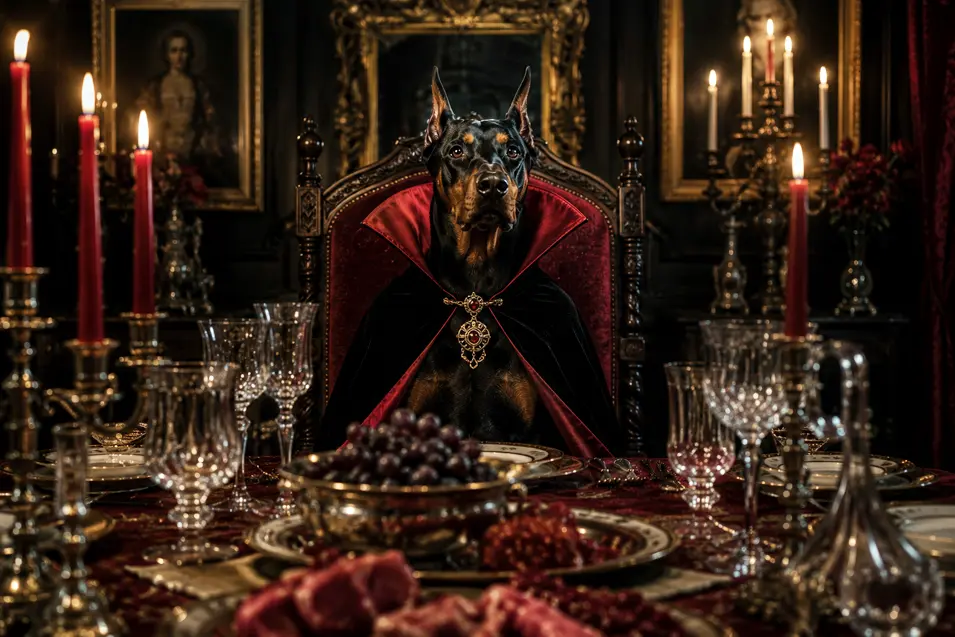 Doberman dressed as a vampire sits at the head of an elaborate candlelit Gothic dinner table surrounded by rich red and black décor.