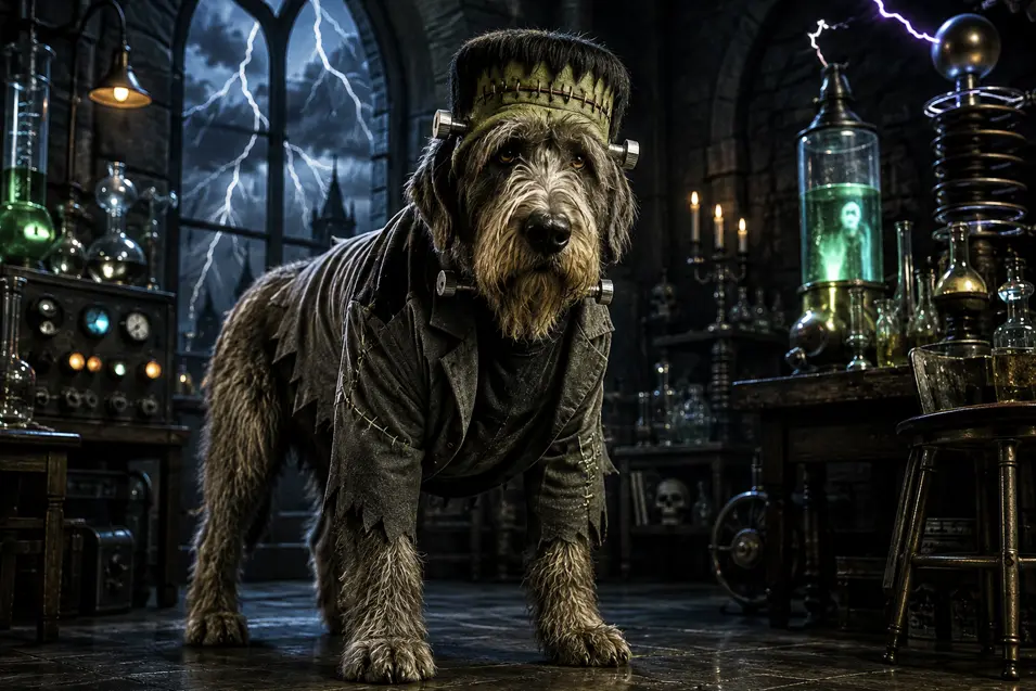 Large shaggy dog dressed as Frankenstein’s monster stands in a Gothic laboratory filled with bubbling potions, machinery and lightning.
