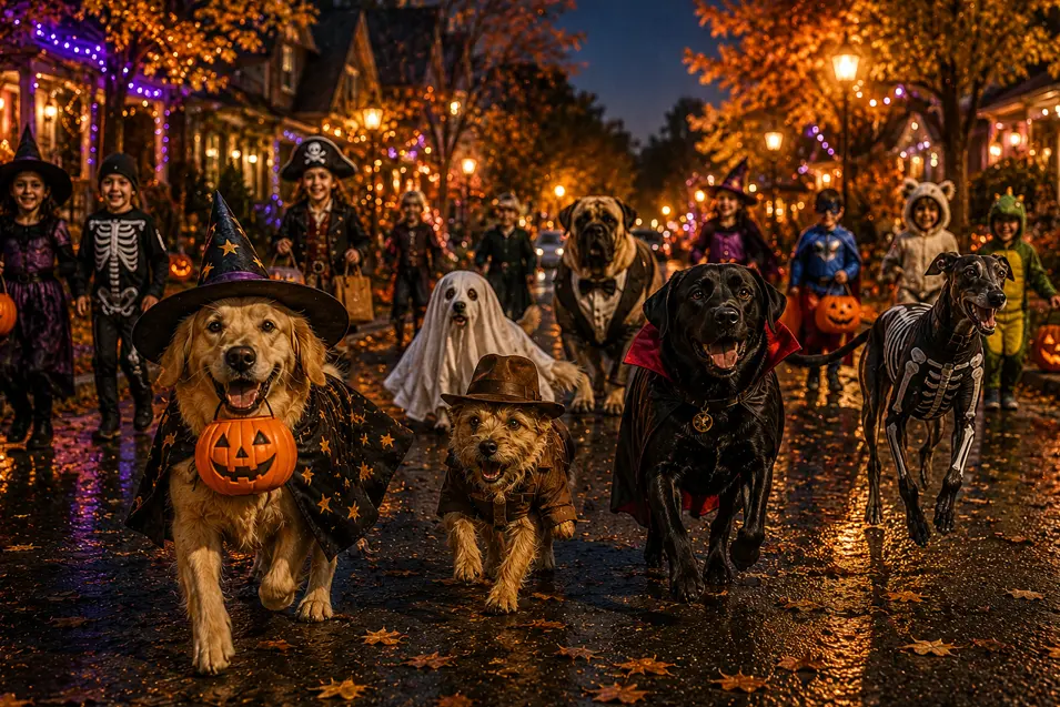 Costumed dogs join trick-or-treaters on a glowing Halloween street filled with pumpkins, autumn leaves and festive lights.