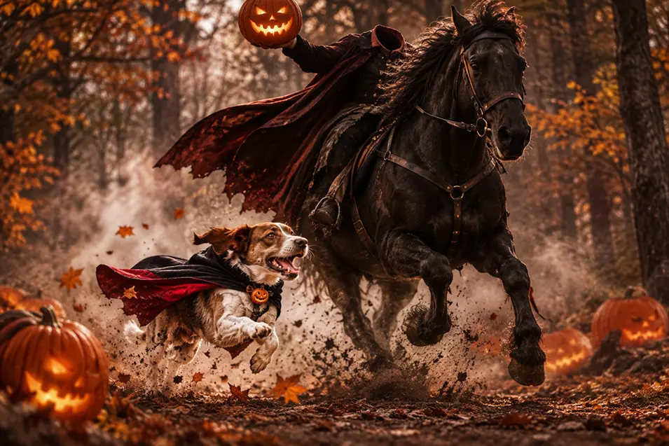 Caped dog races alongside a mysterious headless horseman carrying a glowing jack-o’-lantern through a dramatic autumn forest.