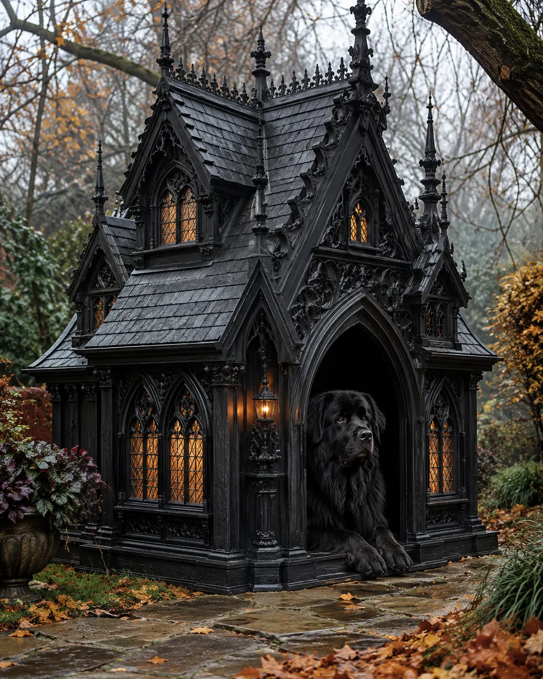 A large black dog rests inside an elaborate Gothic manor doghouse, surrounded by autumn leaves and glowing amber windows.