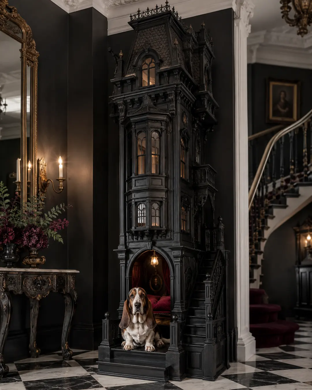 A Basset Hound sits inside an elaborate tower-shaped Gothic doghouse in a dramatic black-and-white mansion foyer.
