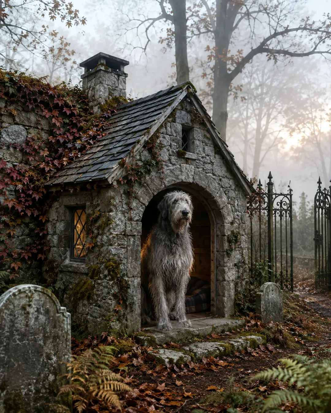 A shaggy Irish Wolfhound stands inside an ivy-covered stone doghouse among weathered gravestones in a misty autumn woodland.