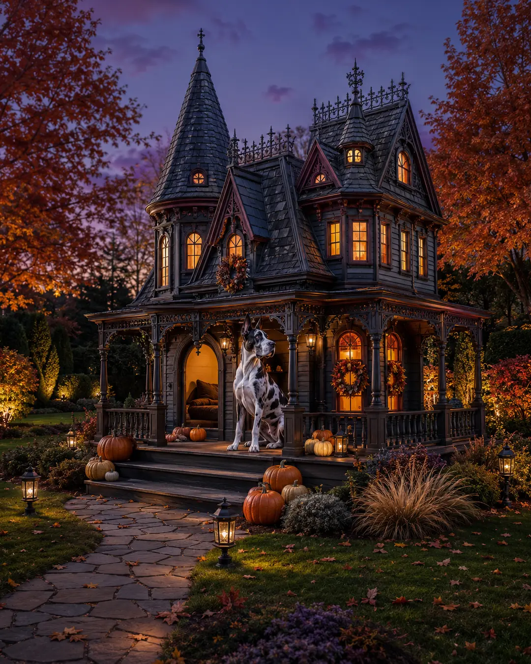 A Great Dane sits on the porch of an elaborate Victorian Gothic doghouse surrounded by pumpkins, lanterns and glowing autumn gardens.
