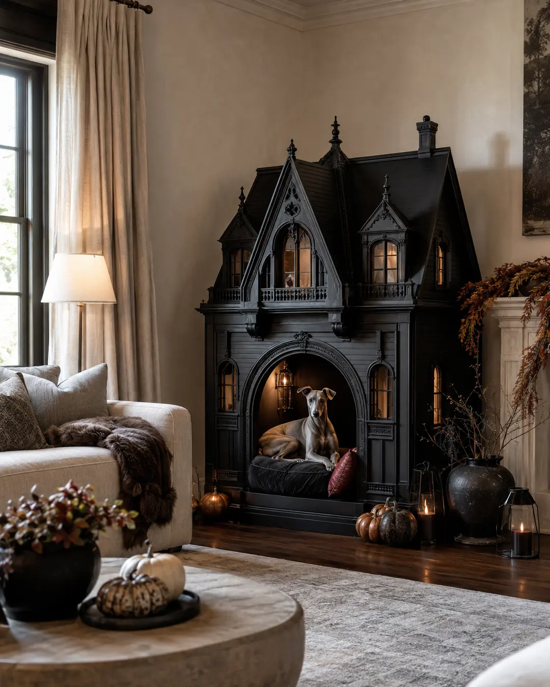 A slender dog relaxes inside an elaborate black haunted-mansion bed in a sophisticated living room decorated for Halloween.