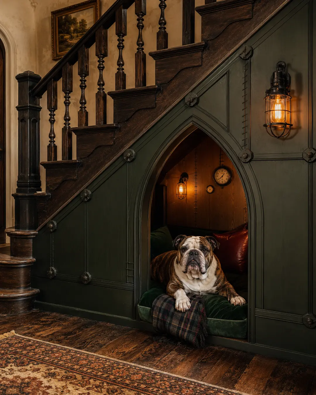 A Bulldog relaxes in a Gothic arched dog nook beneath the stairs, complete with velvet bedding, warm lanterns and vintage clocks.