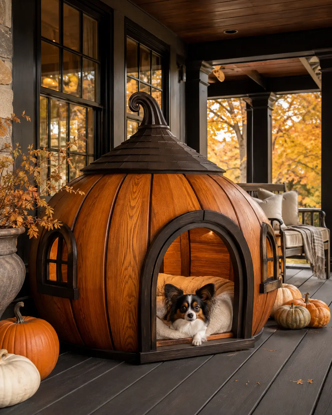 A small dog rests inside a beautifully crafted pumpkin-shaped timber doghouse on an elegant porch decorated for autumn.