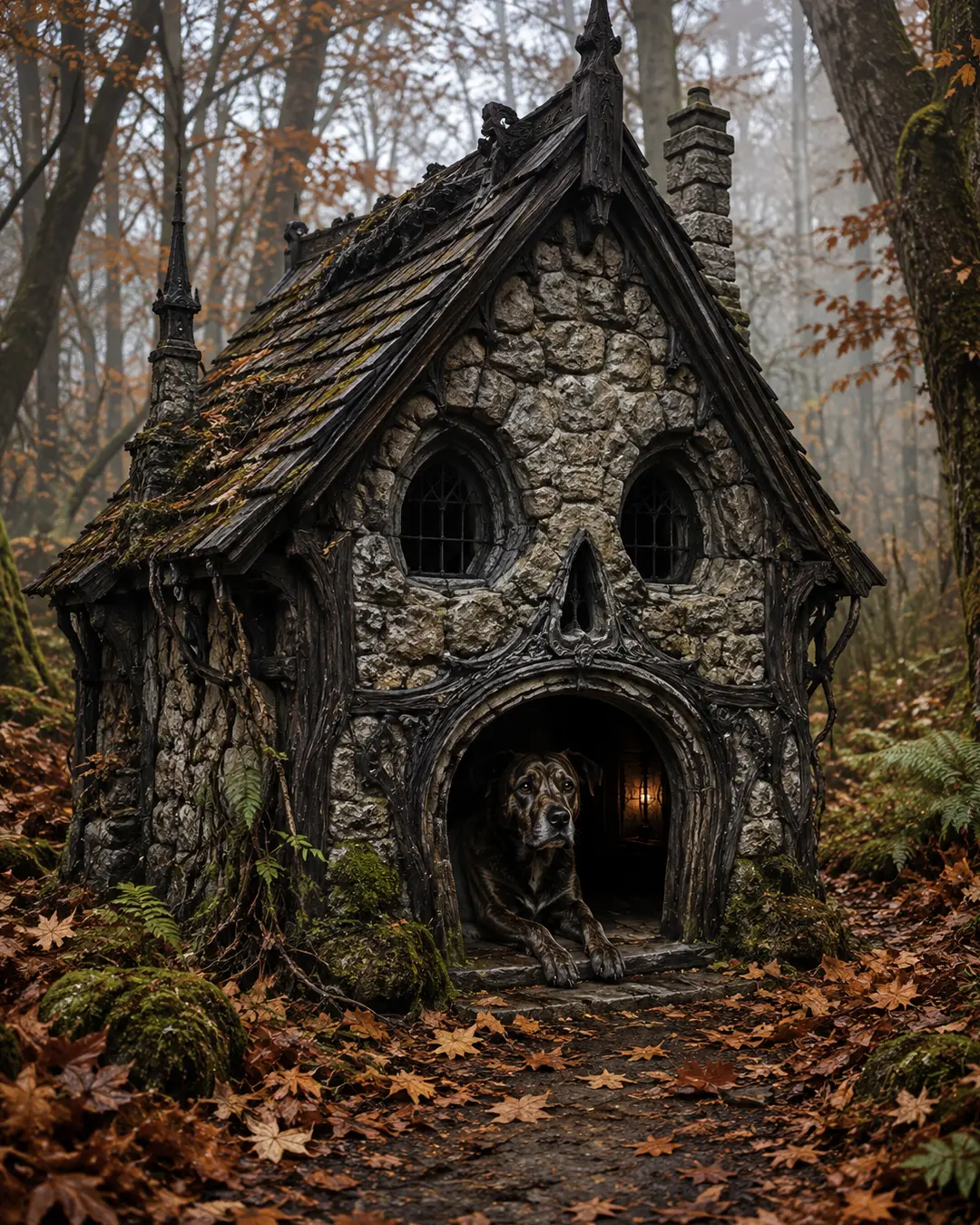 A dog rests inside a weathered stone cottage shaped like a skull, hidden among fallen leaves in a misty autumn forest.