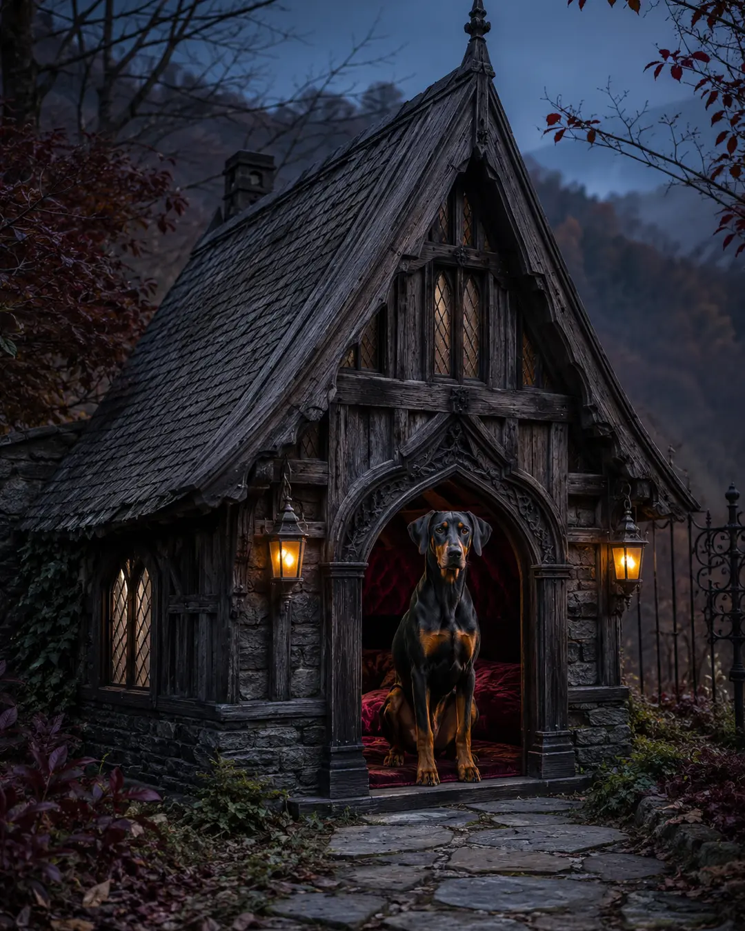 A Doberman guards the doorway of a dark Transylvanian cottage, illuminated by lanterns and furnished with burgundy velvet bedding.