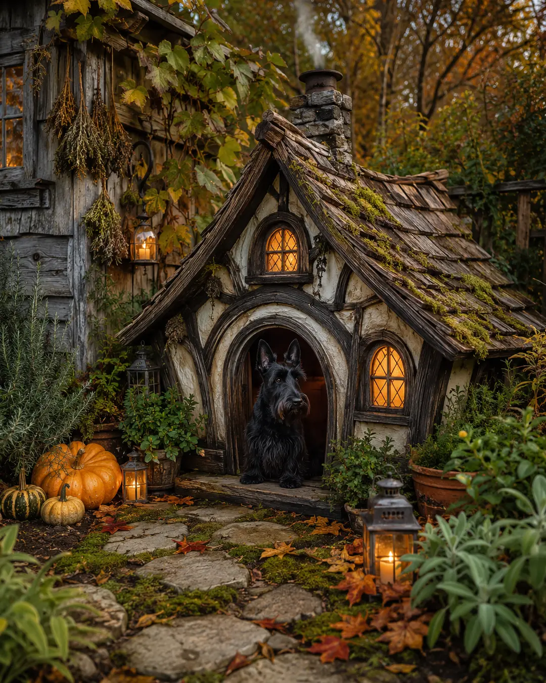 A black Scottish Terrier sits inside a crooked, moss-covered cottage surrounded by pumpkins, glowing lanterns and autumn herbs.