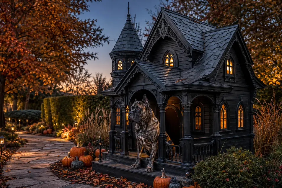 A brindle Cane Corso guards an elaborate black Gothic doghouse surrounded by pumpkins and glowing lanterns in an autumn garden.