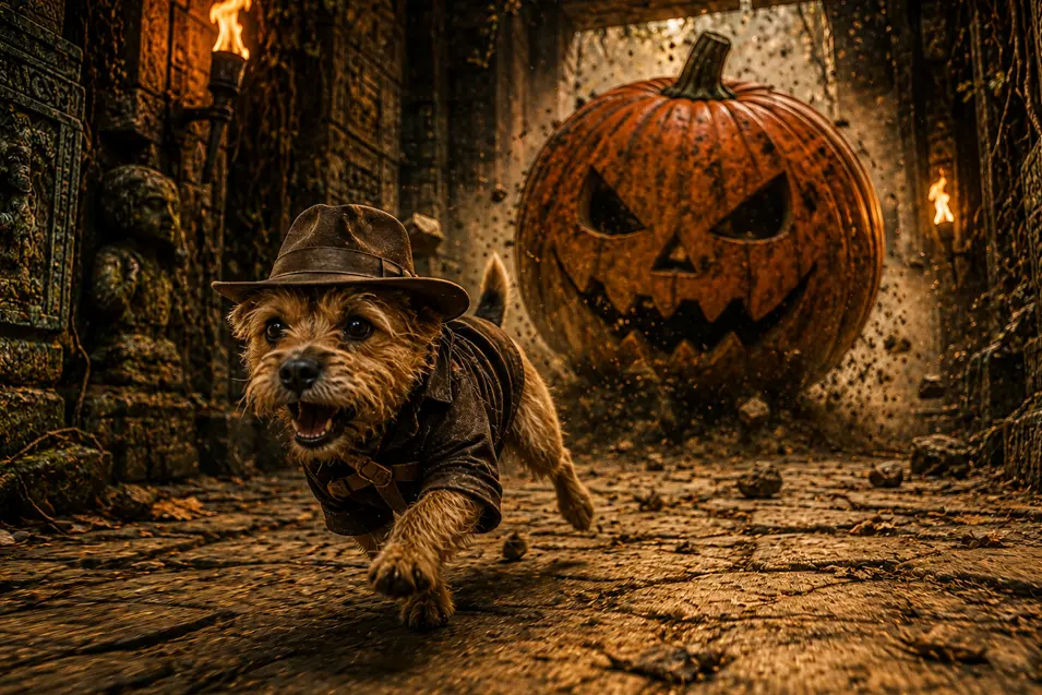 Terrier dressed as Indiana Bones races through an ancient temple as a giant jack-o’-lantern rolls after him.