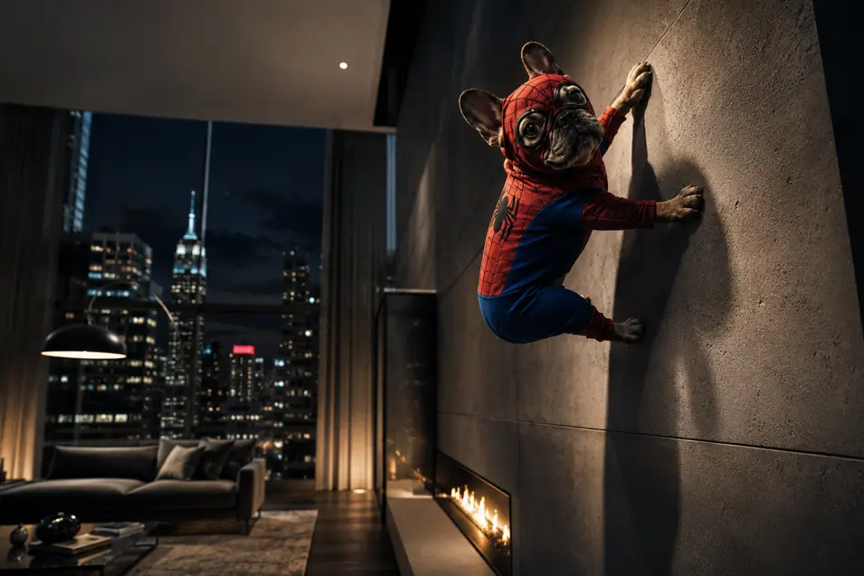 French Bulldog dressed as Spider-Man clings to a living room wall overlooking a dramatic city skyline at night.
