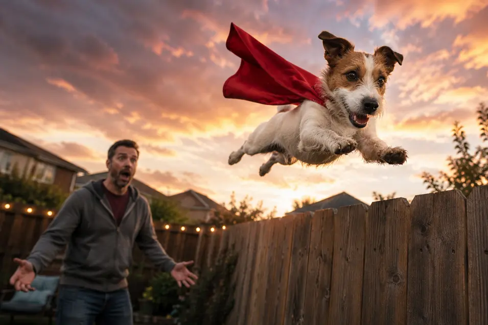 Jack Russell Terrier in a flowing red cape soars over a backyard fence at sunset as his stunned owner watches from below.