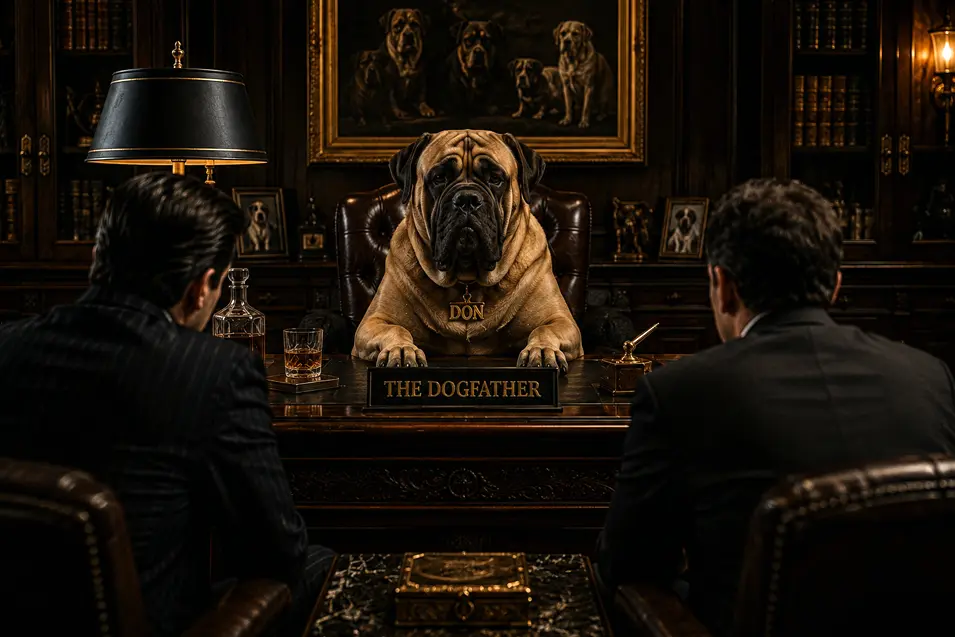 A commanding Mastiff plays “The Dogfather,” seated behind an ornate desk while two suited men await his decision.