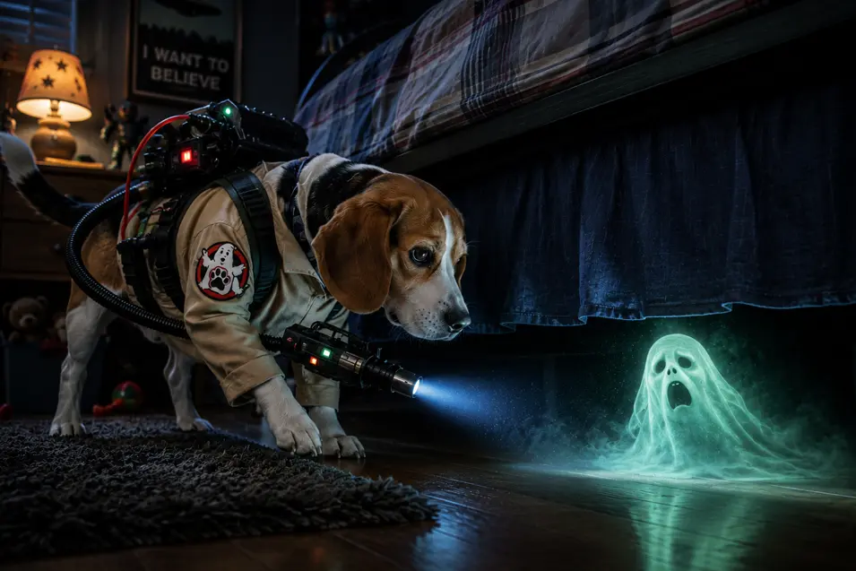 Beagle dressed as a ghost hunter investigates a glowing spirit beneath a child’s bed with a high-tech paranormal gadget.