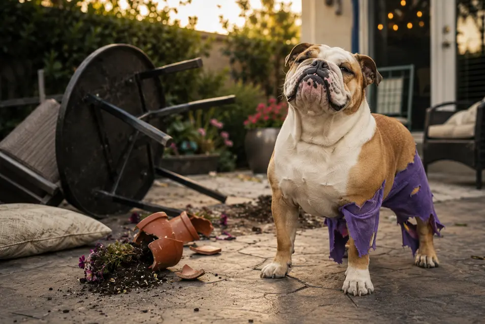 Bulldog in torn purple shorts stands proudly beside an overturned patio table and smashed flowerpot, looking suspiciously pleased.