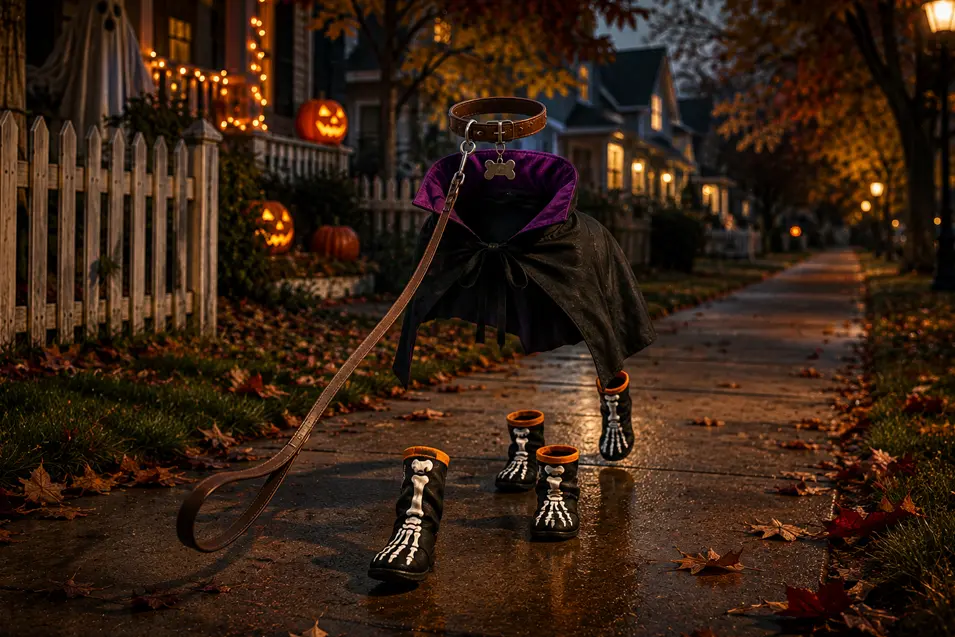Invisible dog in a vampire cape and skeleton boots walks down a Halloween-decorated neighborhood street, its leash floating beside it.