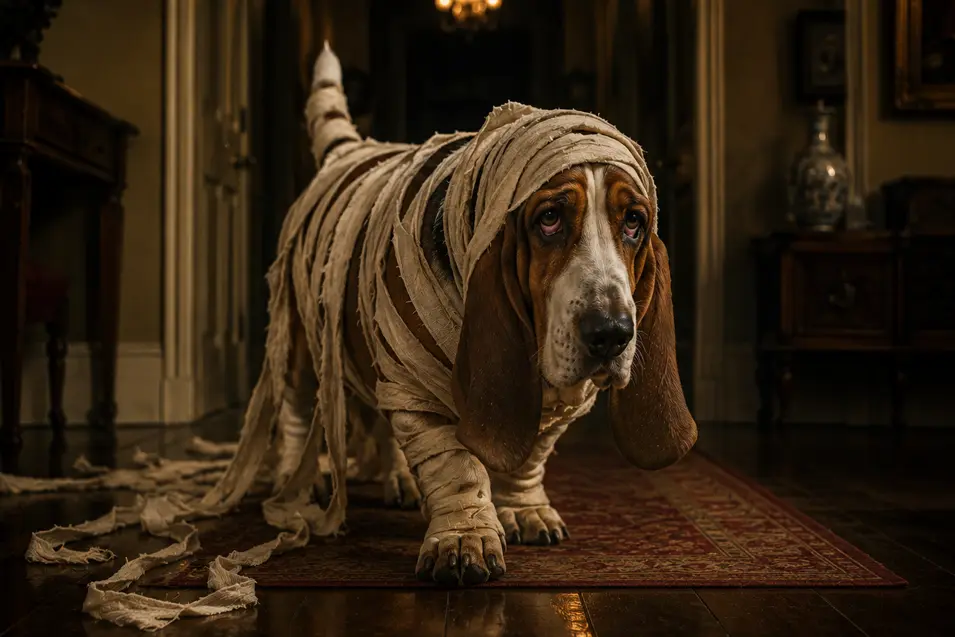 Basset Hound wrapped like a mummy shuffles down a dimly lit hallway, trailing strips of bandages behind him.