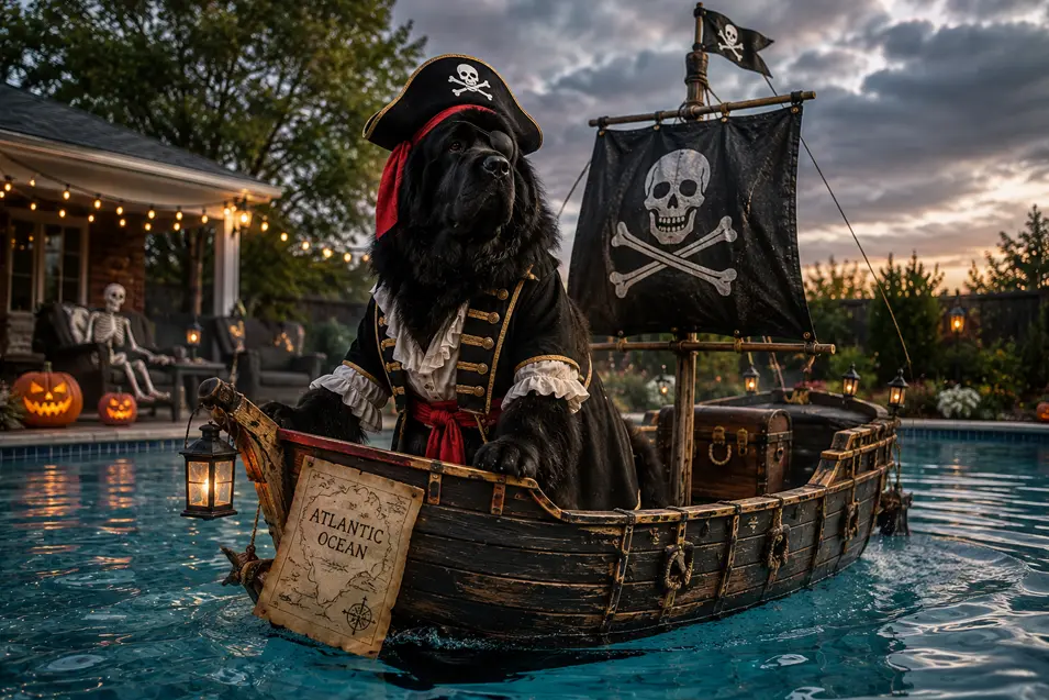 Newfoundland dressed as a pirate captain sails a miniature pirate ship across a backyard pool surrounded by Halloween decorations.