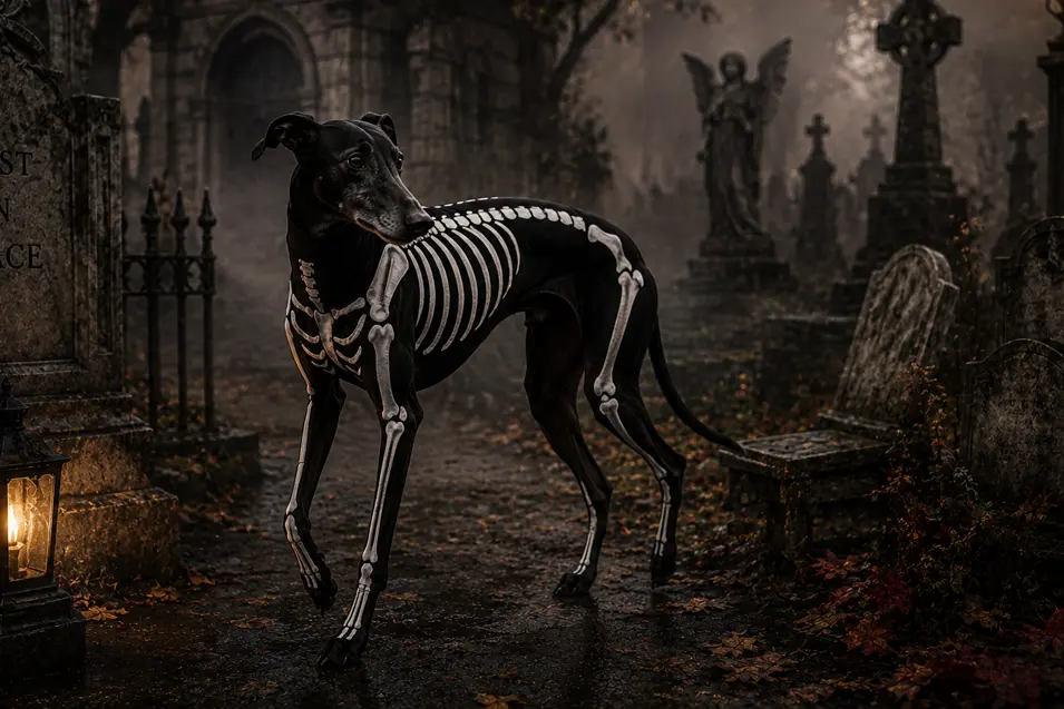 Black Greyhound in a skeleton costume walks through a foggy Gothic cemetery surrounded by weathered gravestones and glowing lanterns.