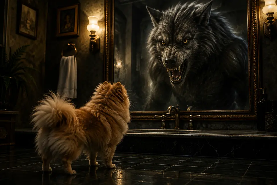 Small fluffy dog stares into a bathroom mirror, where its reflection has transformed into a fierce, snarling werewolf.