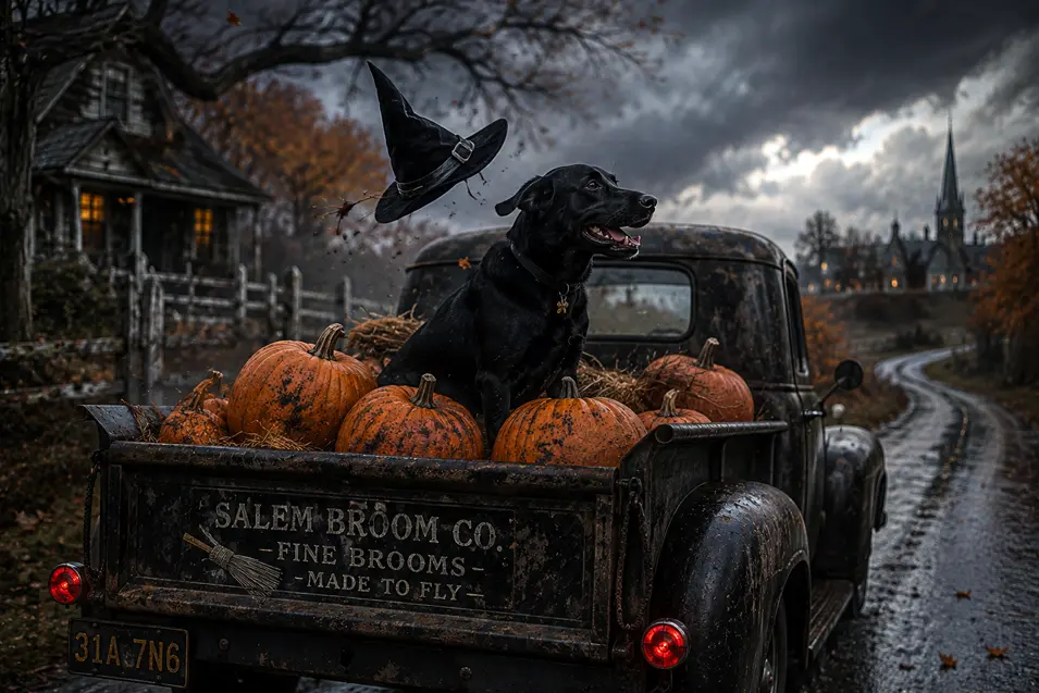 Black dog rides among pumpkins in the back of a vintage pickup as a witch’s hat flies through the air on a stormy autumn road.