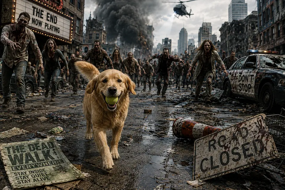 Golden Retriever happily carries a tennis ball through a zombie-filled city street, seemingly oblivious to the apocalypse unfolding behind him.