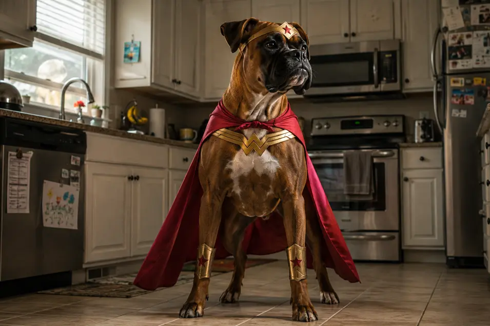 Boxer dressed as a superhero stands proudly in an ordinary suburban kitchen, complete with red cape, gold crown and wrist cuffs.
