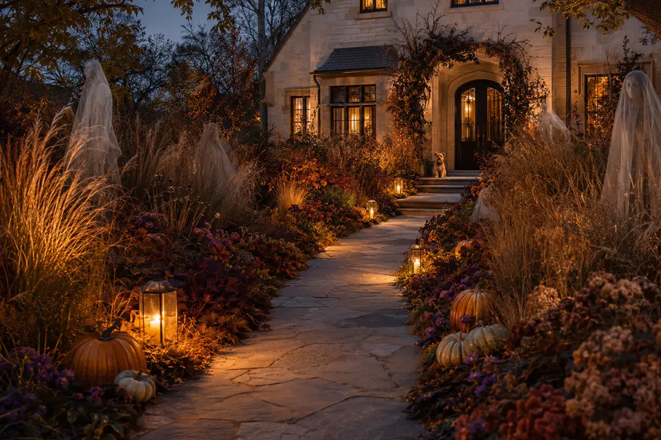 A lantern-lit garden path winds through pumpkins and ghostly figures toward a welcoming stone home, where a small dog waits on the porch.