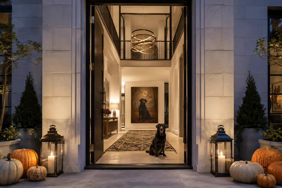 A black Labrador welcomes visitors into a dramatic double-height foyer, framed by glowing lanterns, autumn pumpkins and striking dog art.