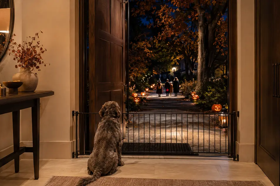 A dog waits safely behind a gate, watching trick-or-treaters approach along a glowing pumpkin-lined path on Halloween night.