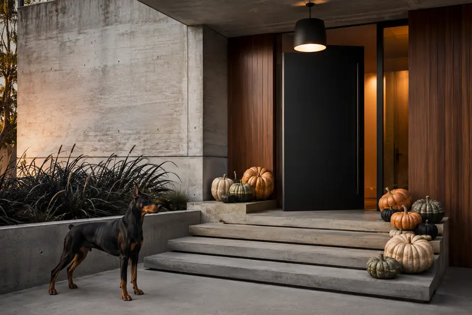 A sleek Doberman stands beside a modern concrete entrance decorated with sculptural pumpkins in cream, orange, green and black.