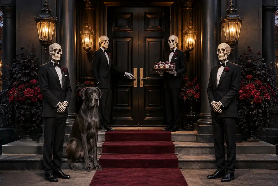 Four tuxedoed skeletons and a stately Great Dane welcome guests to an elegant black entrance lined with lanterns and deep red roses.