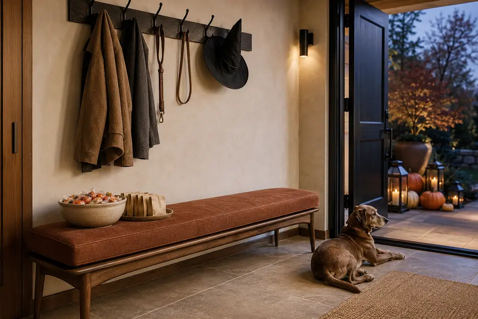 A dog waits beside an upholstered foyer bench holding Halloween candy, beneath coats, leashes and a perfectly placed witch’s hat.