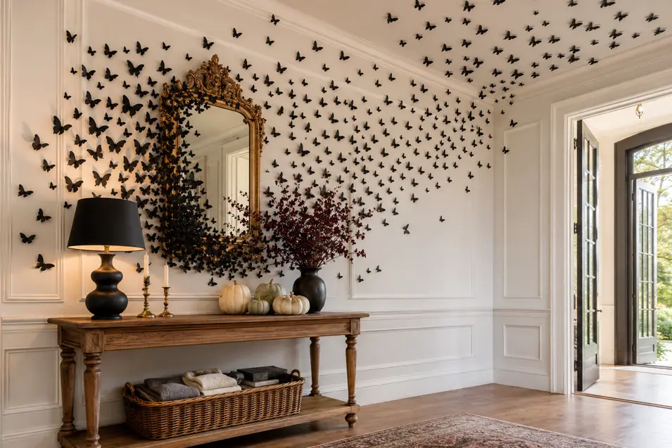 Hundreds of black butterflies sweep across an elegant white foyer, surrounding a gold mirror and a console styled with pale pumpkins.