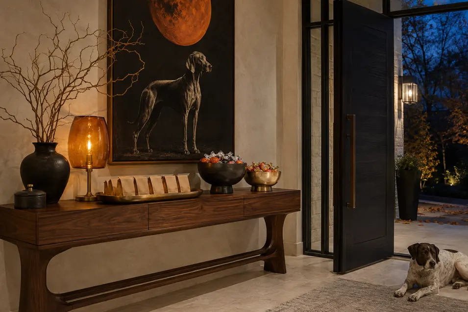 An elegant walnut console holds Halloween candy beneath dramatic dog art, while a watchful pet rests safely near the open front door.